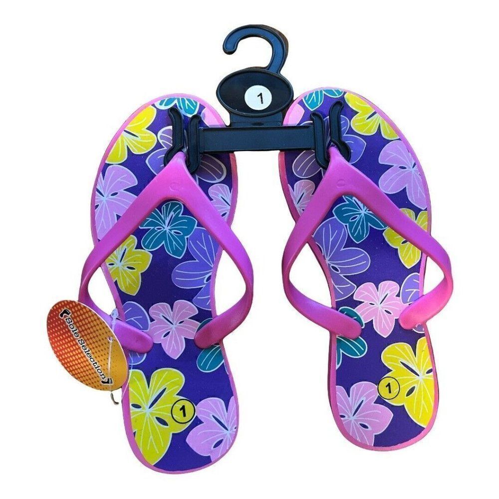 Sole Selection Pink Purple Tropical Floral FLIP FLOPS Shoes Girls Thongs 1 NWT